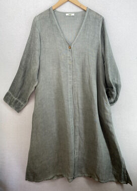 DOLMA Kimono Womens OS 100% Linen Long Duster Cardigan One Button Gray